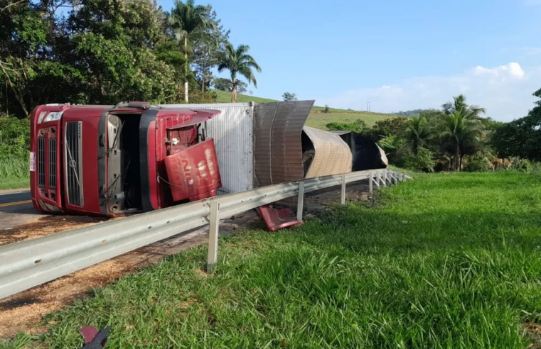 BR-116: carreta carregada com carvão vegetal invade contramão e tomba