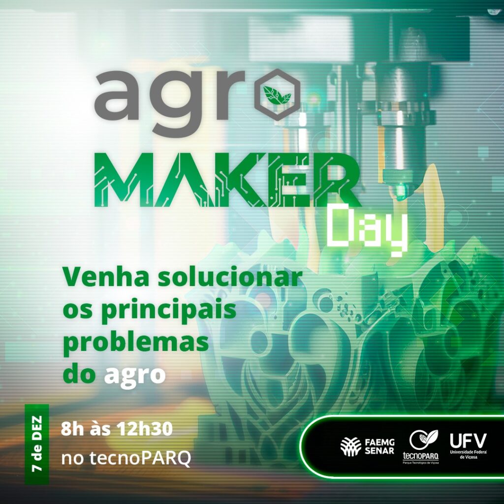 tecnoPARQ e Senar
Banner de divulgação com informações como data e hora
Hora: oh da manhã ao 12h30
Arte em verde e branco misturando elemento agrários e verdes a elementos tecnológicos.