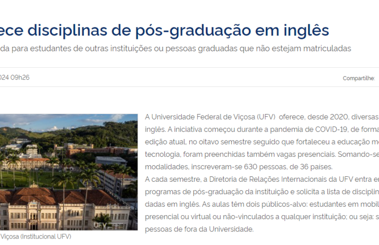 Reportagem da Capes destaca disciplinas de pós-graduação em inglês na UFV
