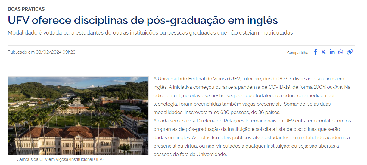 Reportagem da Capes destaca disciplinas de pós-graduação em inglês na UFV