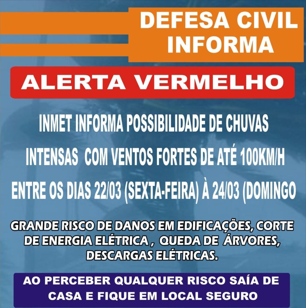 Defesa Civil; Alerta emitido pelo órgão.
Grande risc de danos em edificações, corte de energia elétrica, queda de árvores e descargas elétricas