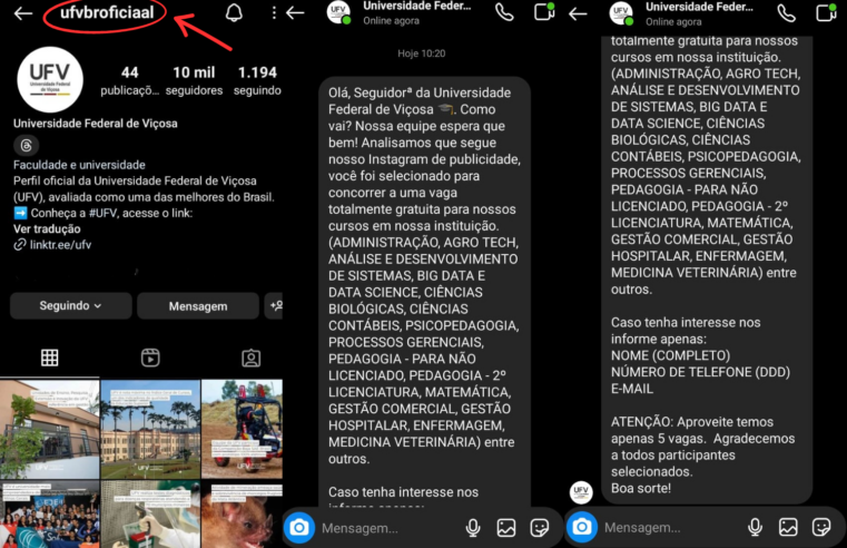 Golpe: Perfis no Instagram se passam por conta oficial da UFV