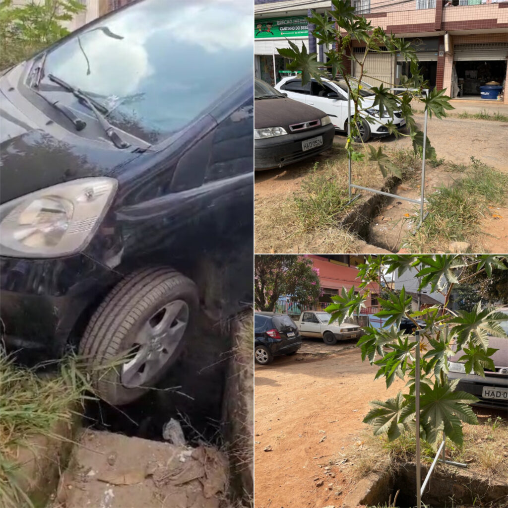 Caro cai em bueiro na rua alvoro gouveia em Viçosa

Montagem contendo a foto da roda do carro presa no buraco e outras duas fotos com vegetação colocada como forma de alertar outros carros.