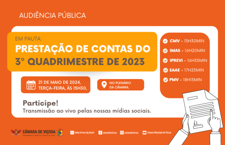 Prestação de contas do 3º quadrimestre de 2023 ocorre hoje (21) em Audiência Pública