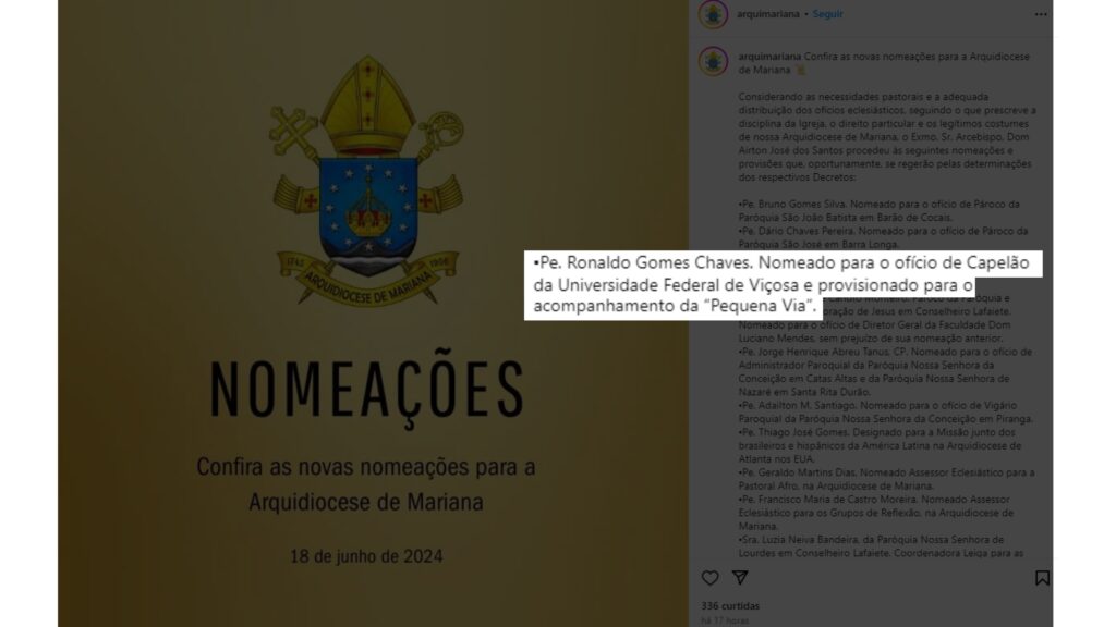 Publicação oficial nas redes sociais da arquidiocese exibe um documento com um fundo amarelado e um emblema na parte superior; texto da legenda inclui datas e detalhes específicos sobre a nomeação e destaca a informação sobre Padre Ronaldo