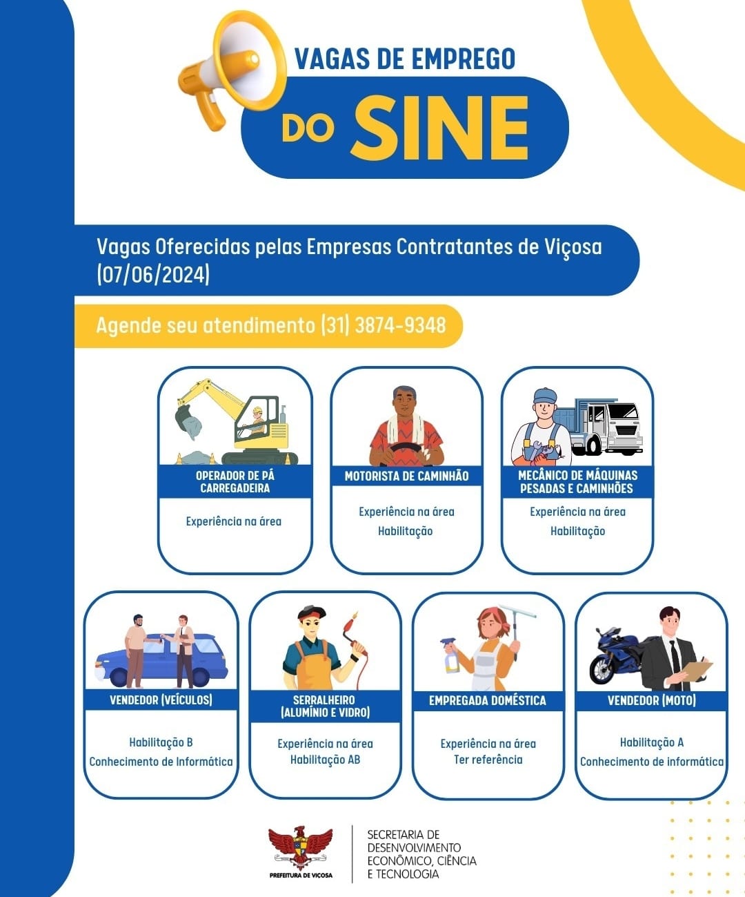 Sine Viçosa divulga sete novas vagas de emprego