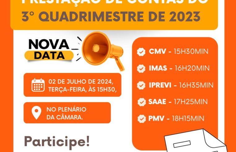 Audiência Pública de Prestação de Contas ocorre hoje (02) na Câmara