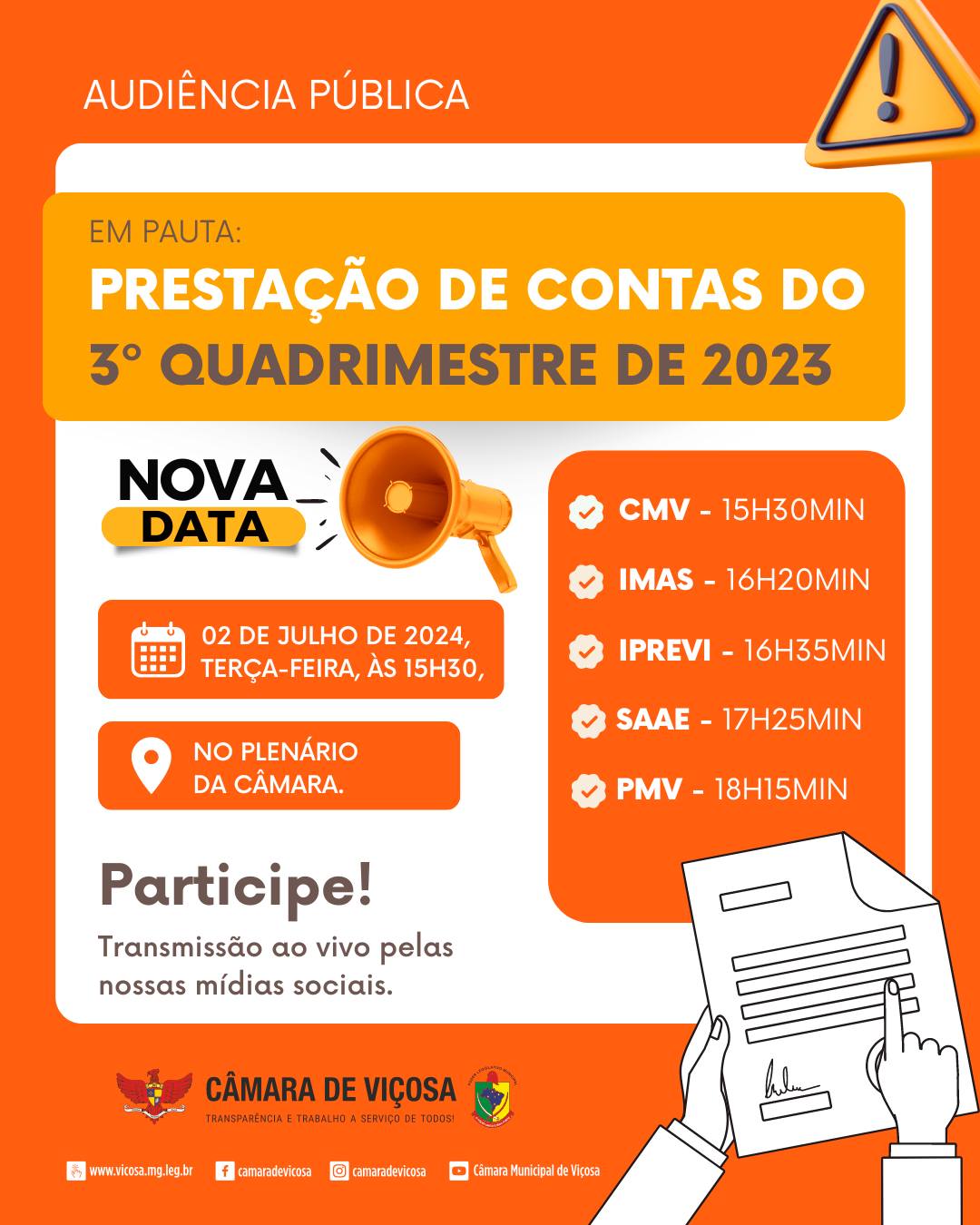Audiência Pública de Prestação de Contas ocorre hoje (02) na Câmara