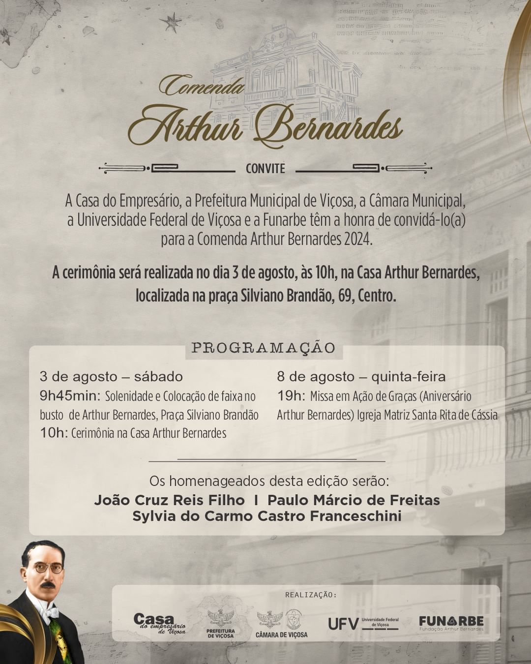 Comenda Arthur Bernardes 2024 começa neste sábado (03)
