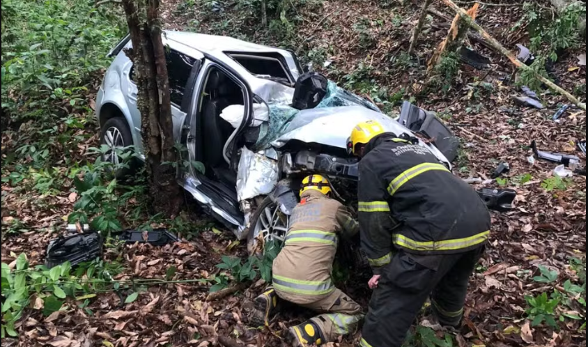 Carro com quatro passageiros capota e colide em árvore em rodovia MG-353