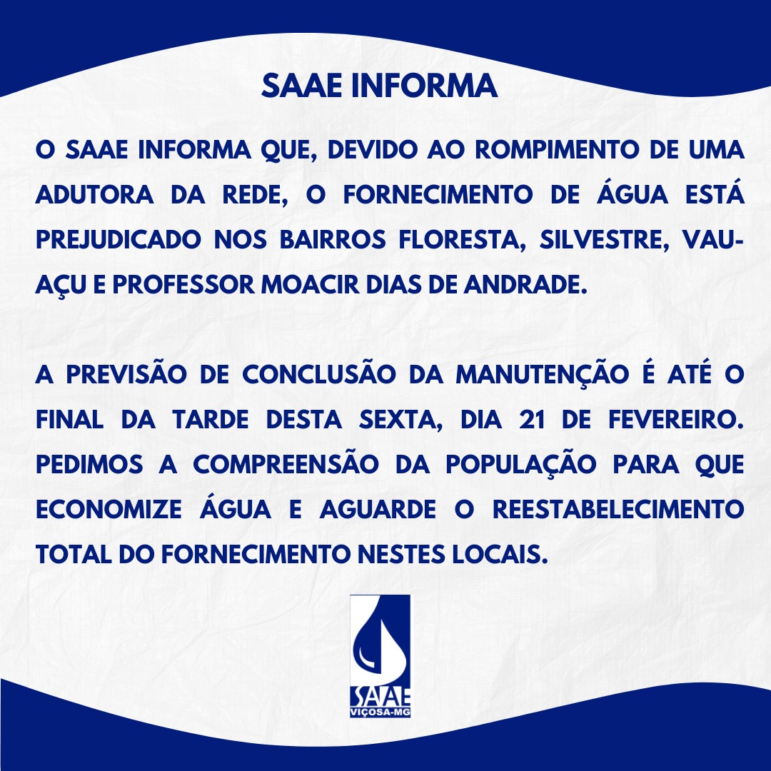 SAAE informa interrupção no abastecimento de água em quatro bairros