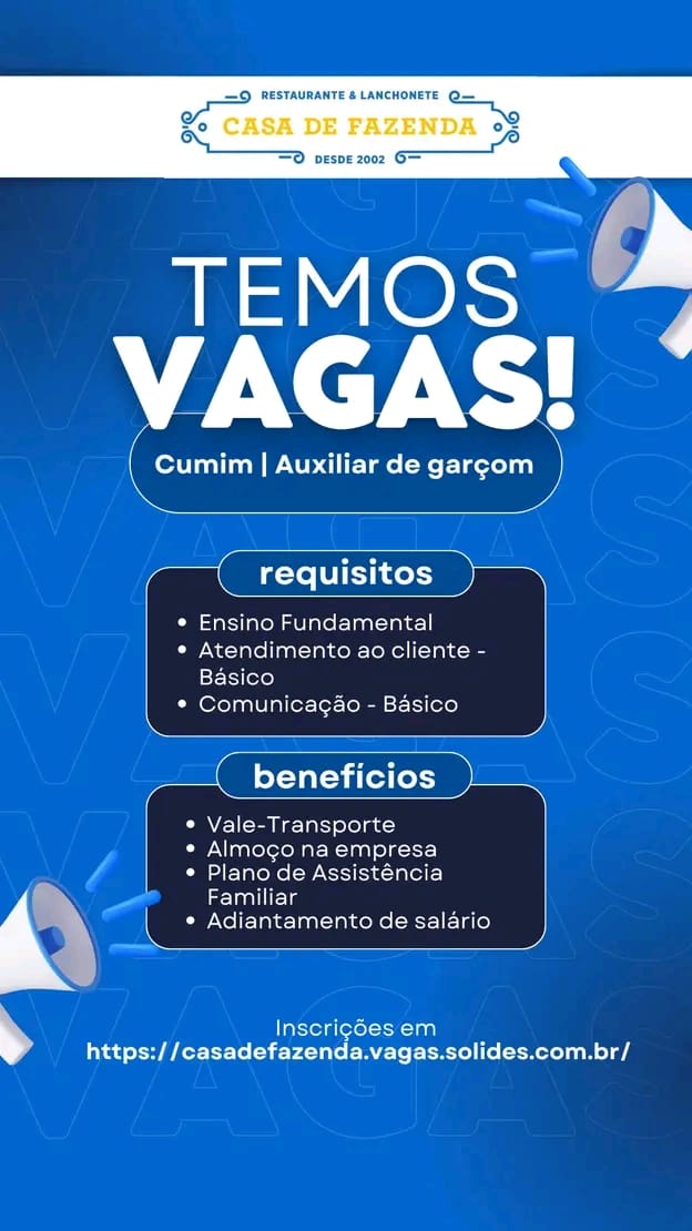 Restaurante contrata Cumim/Auxiliar de Garçon em Viçosa