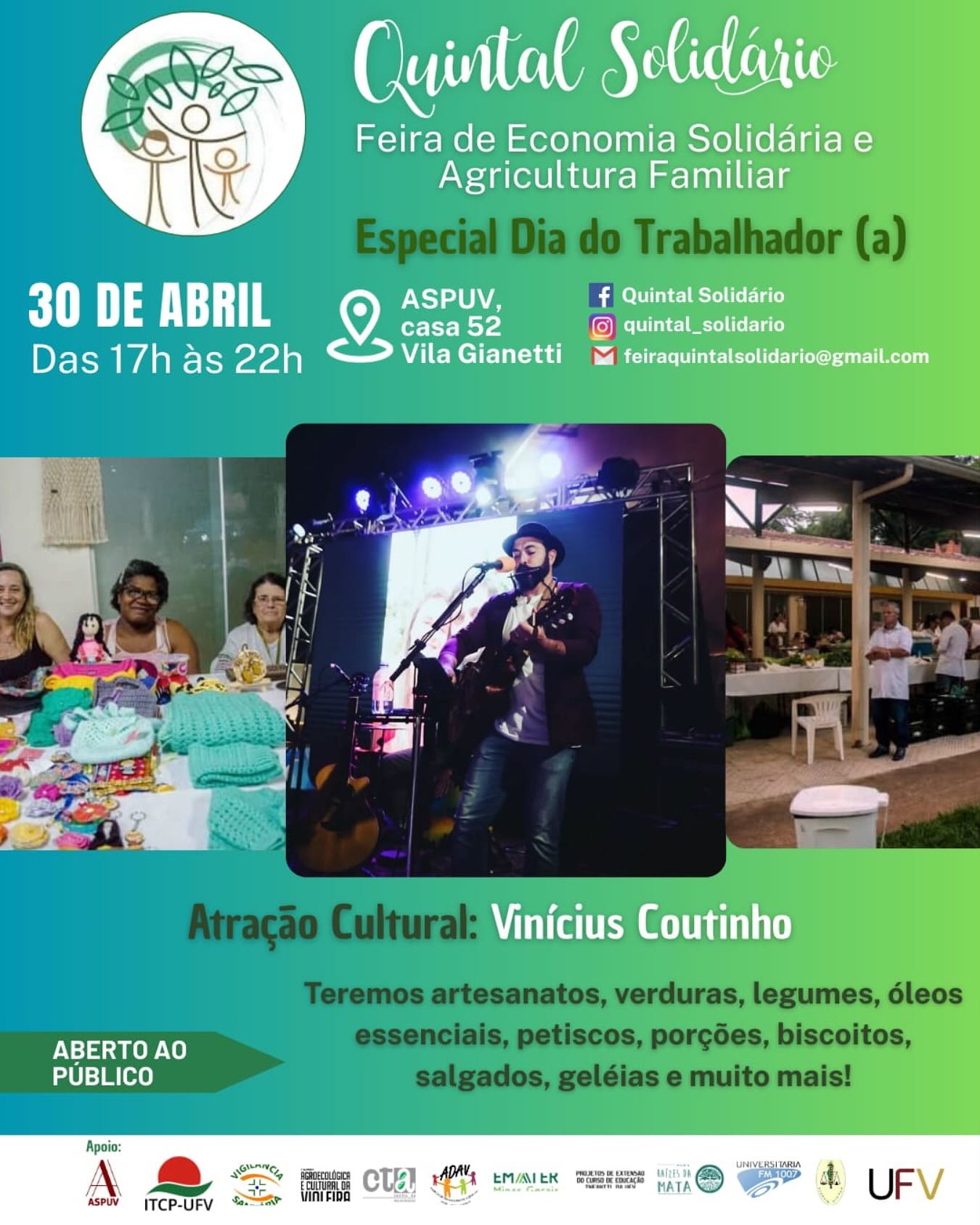 Quintal Solidário celebra o Dia do Trabalhador com feira e atrações em Viçosa