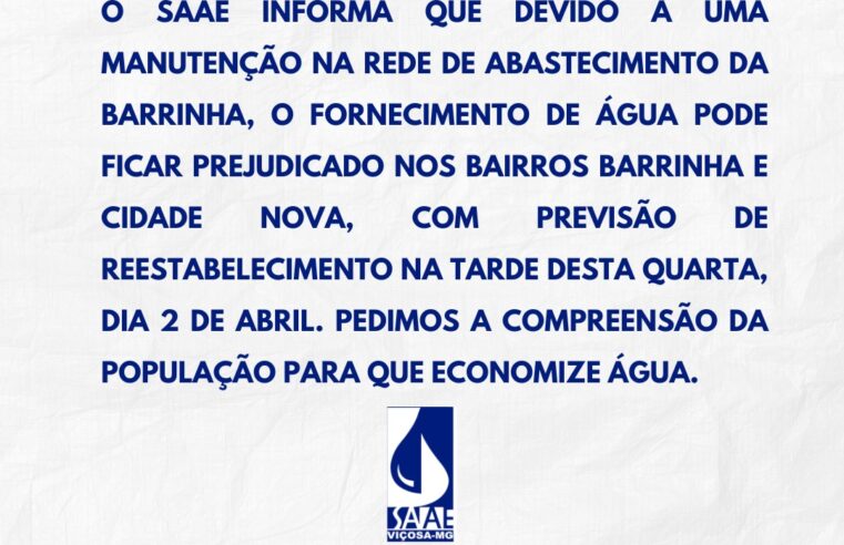 SAAE alerta para possível falta de Água em Viçosa