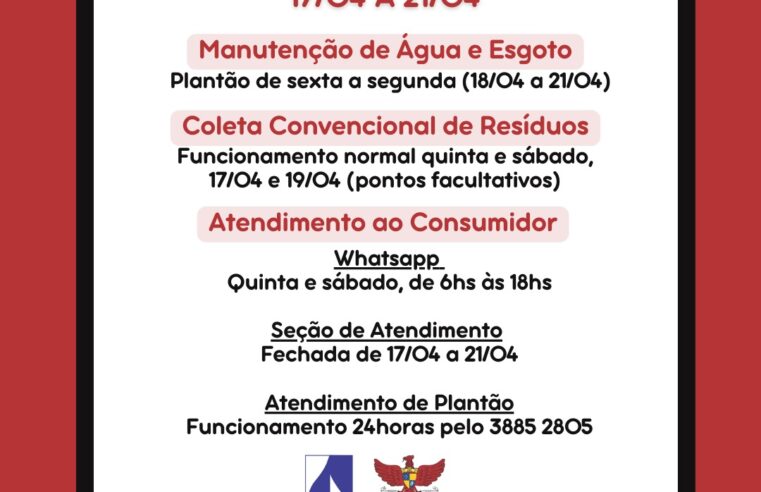 SAAE Viçosa informa funcionamento durante o período de 17 a 21 de abril