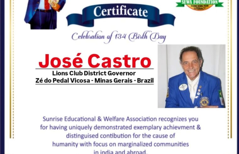 Viçosense “Zé do Pedal” é homenageado na Índia com o Prêmio Dr. B.R. Ambedkar Sewa Award