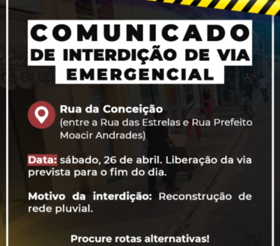 Atenção Motoristas de Viçosa: Rua Conceição interditada no sábado para reconstrução de rede pluvial