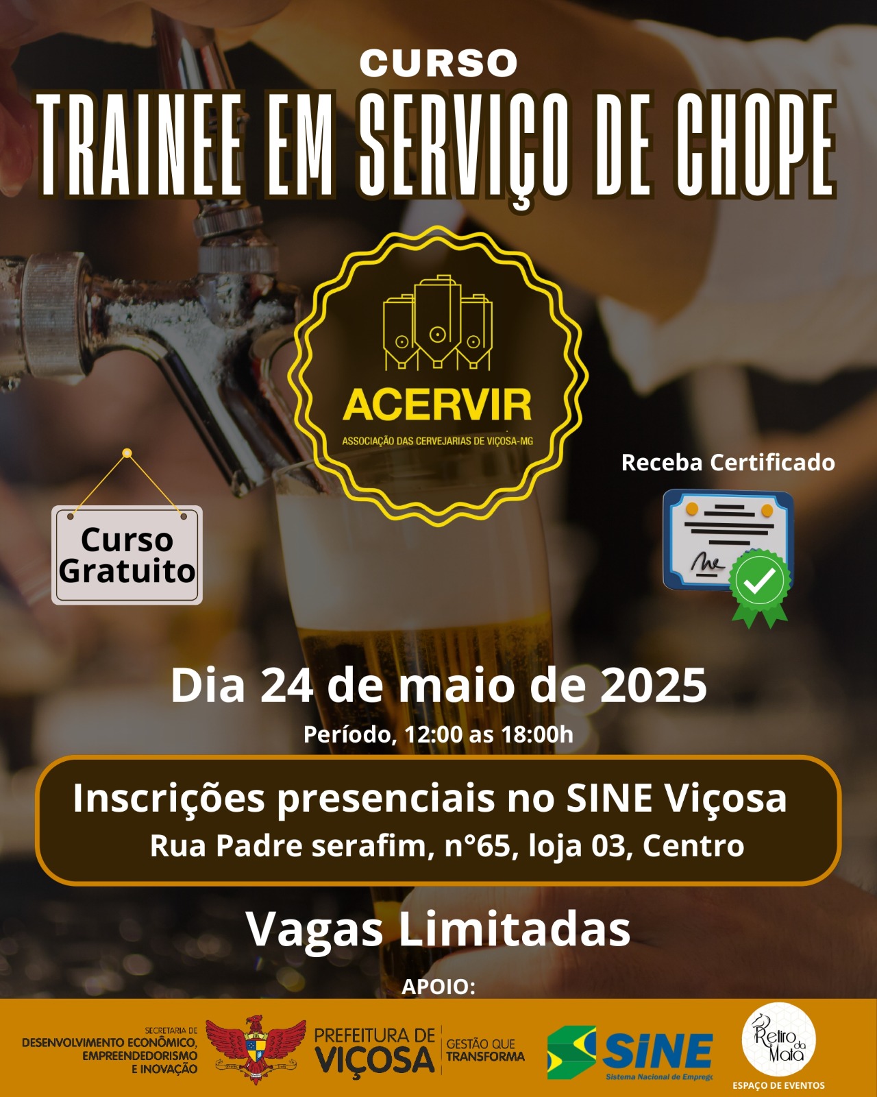 Viçosa oferece curso gratuito de serviço de chope no próximo sábado (24)