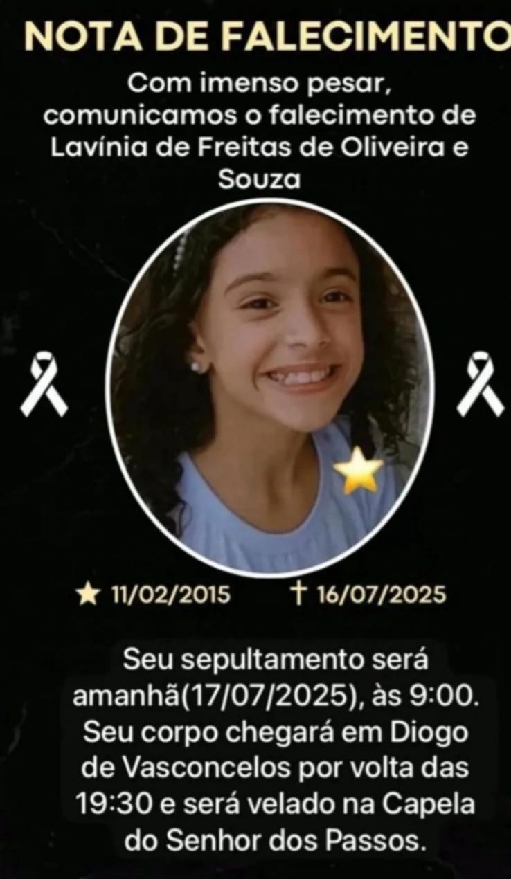 Lavínia de Freitas de Oliveira e Souza será sepultada nesta quinta-feira (17)