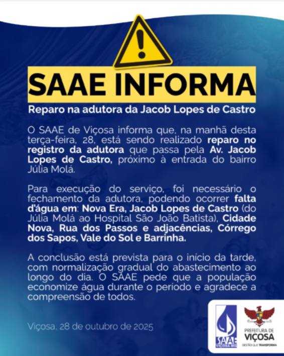 SAAE INFORMA: Intervenção em adutora pode afetar abastecimento em Viçosa