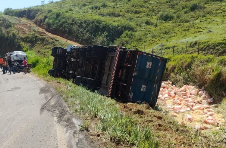 Carreta carregada com ração tomba na rodovia que liga Ervália a Muriaé