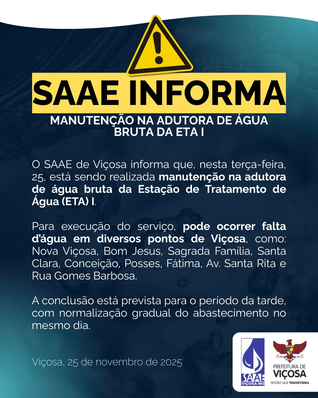Manutenção na adutora pode afetar abastecimento em vários bairros de Viçosa nesta terça