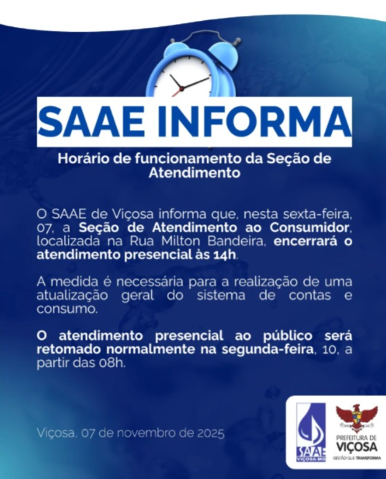 SAAE Viçosa encerra atendimento presencial mais cedo nesta sexta (07)