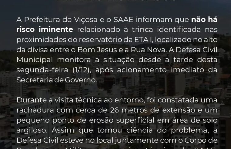 Prefeitura e SAAE monitoram trinca próxima a reservatório no Bom Jesus, em Viçosa