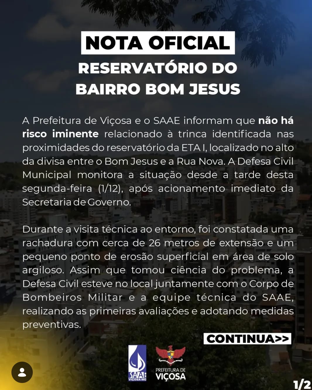 Prefeitura e SAAE monitoram trinca próxima a reservatório no Bom Jesus, em Viçosa