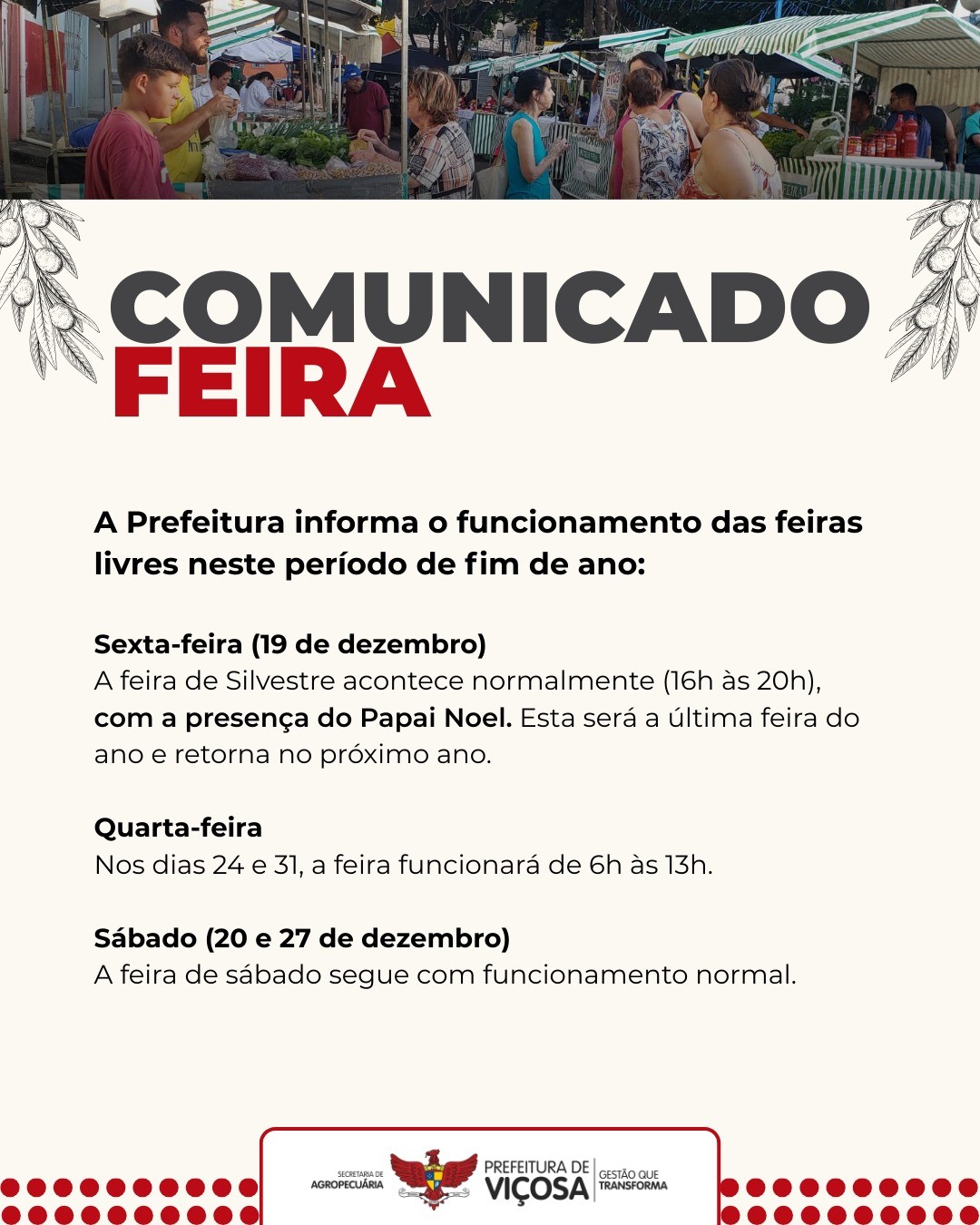 Prefeitura divulga horários das feiras livres de Viçosa no fim de ano