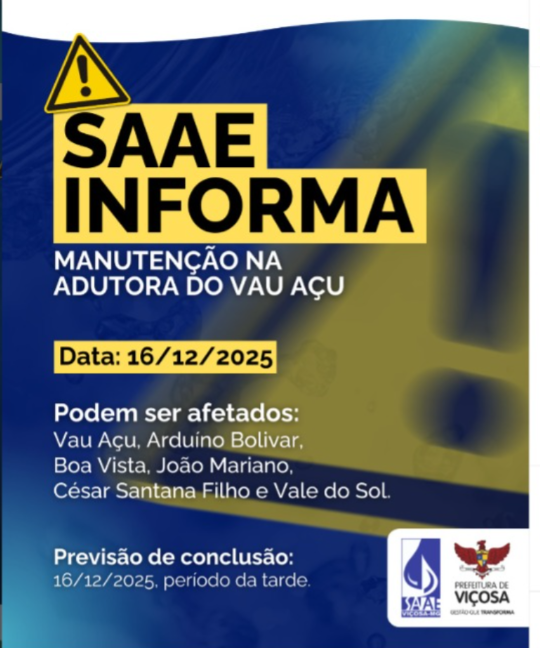 SAAE realiza manutenção em duas áreas e afeta abastecimento em Viçosa