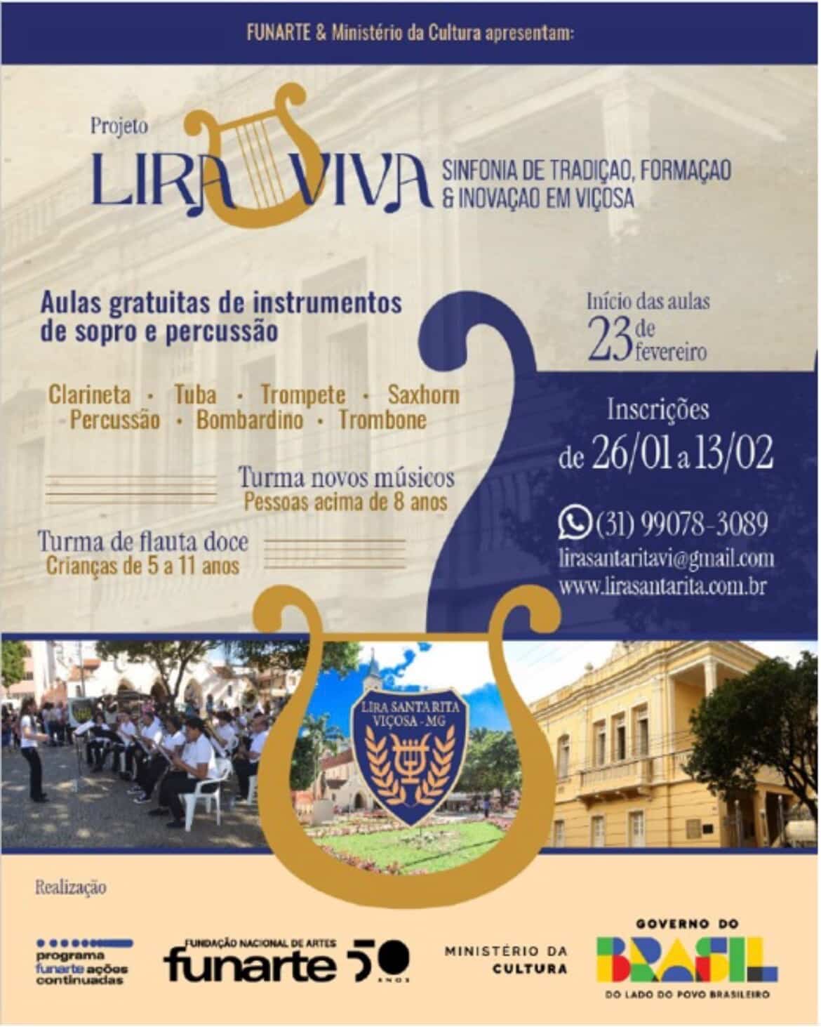Lira Santa Rita abre inscrições para aulas gratuitas de música em Viçosa