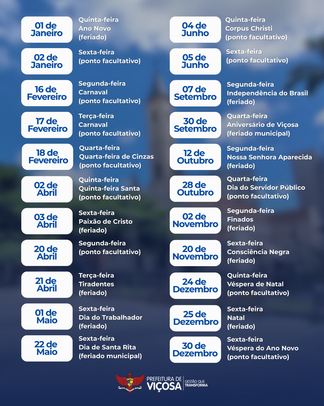 Prefeitura publica calendário oficial de feriados e pontos facultativos de 2026