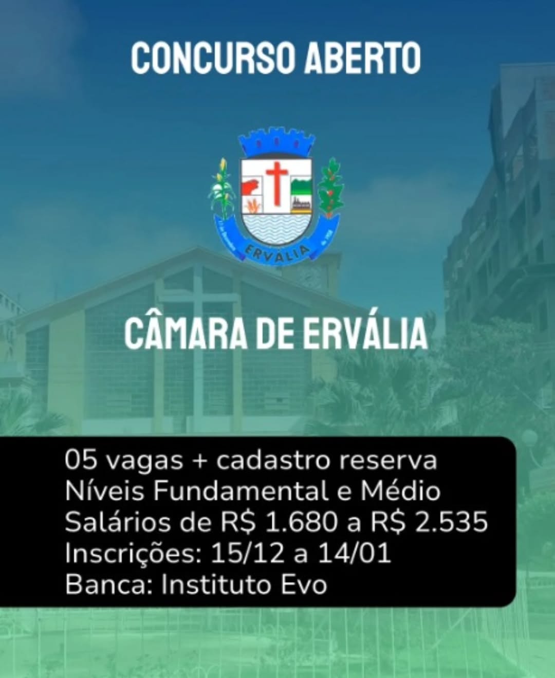 Câmara de Ervália abre concurso público com vagas para níveis fundamental e médio