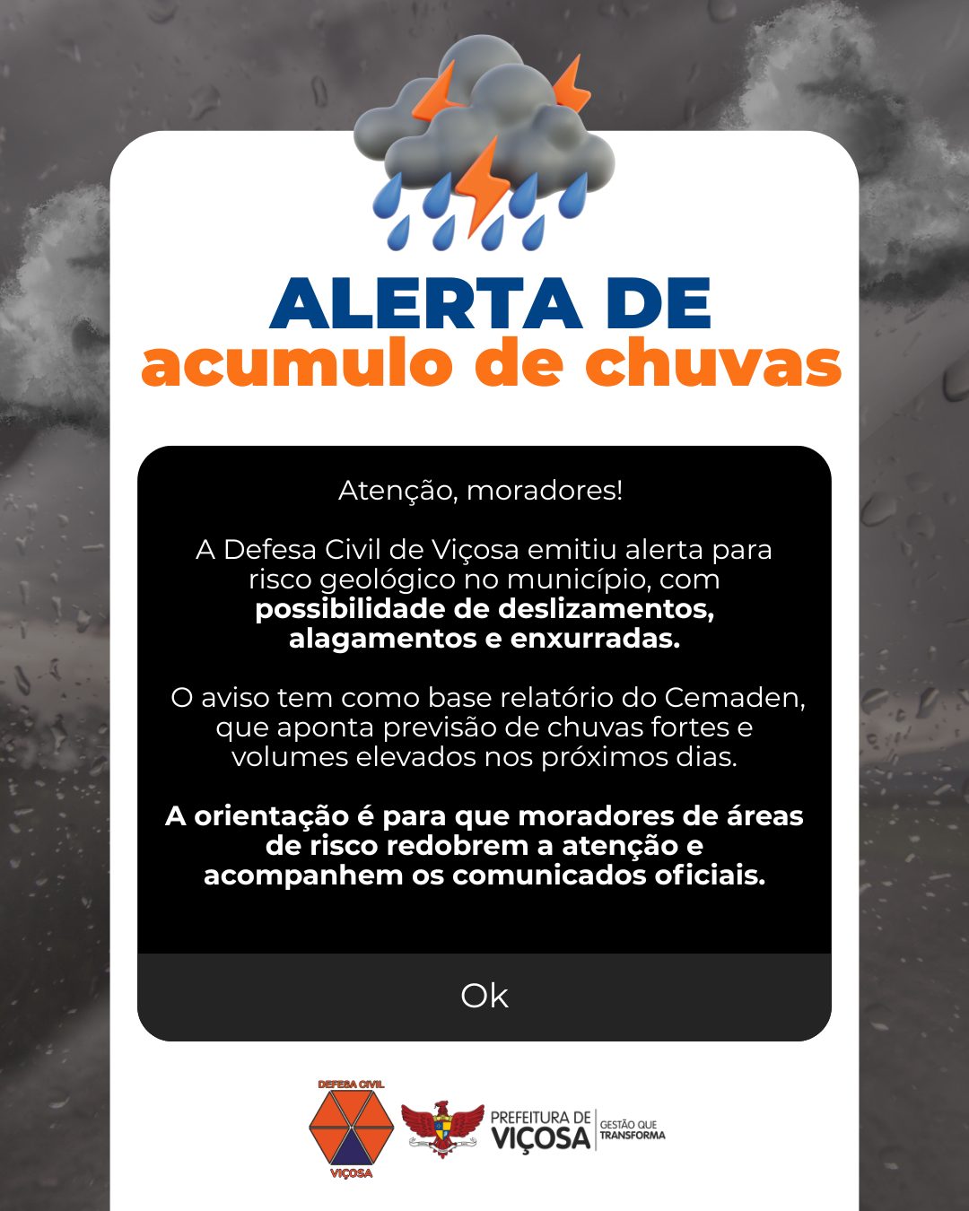 Viçosa entra em alerta para deslizamentos e alagamentos após volume elevado de chuvas