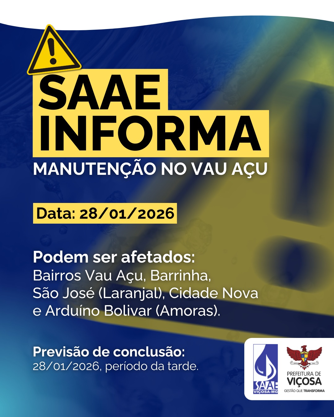 Manutenção em adutora pode afetar abastecimento de água em bairros de Viçosa nesta quarta (28)