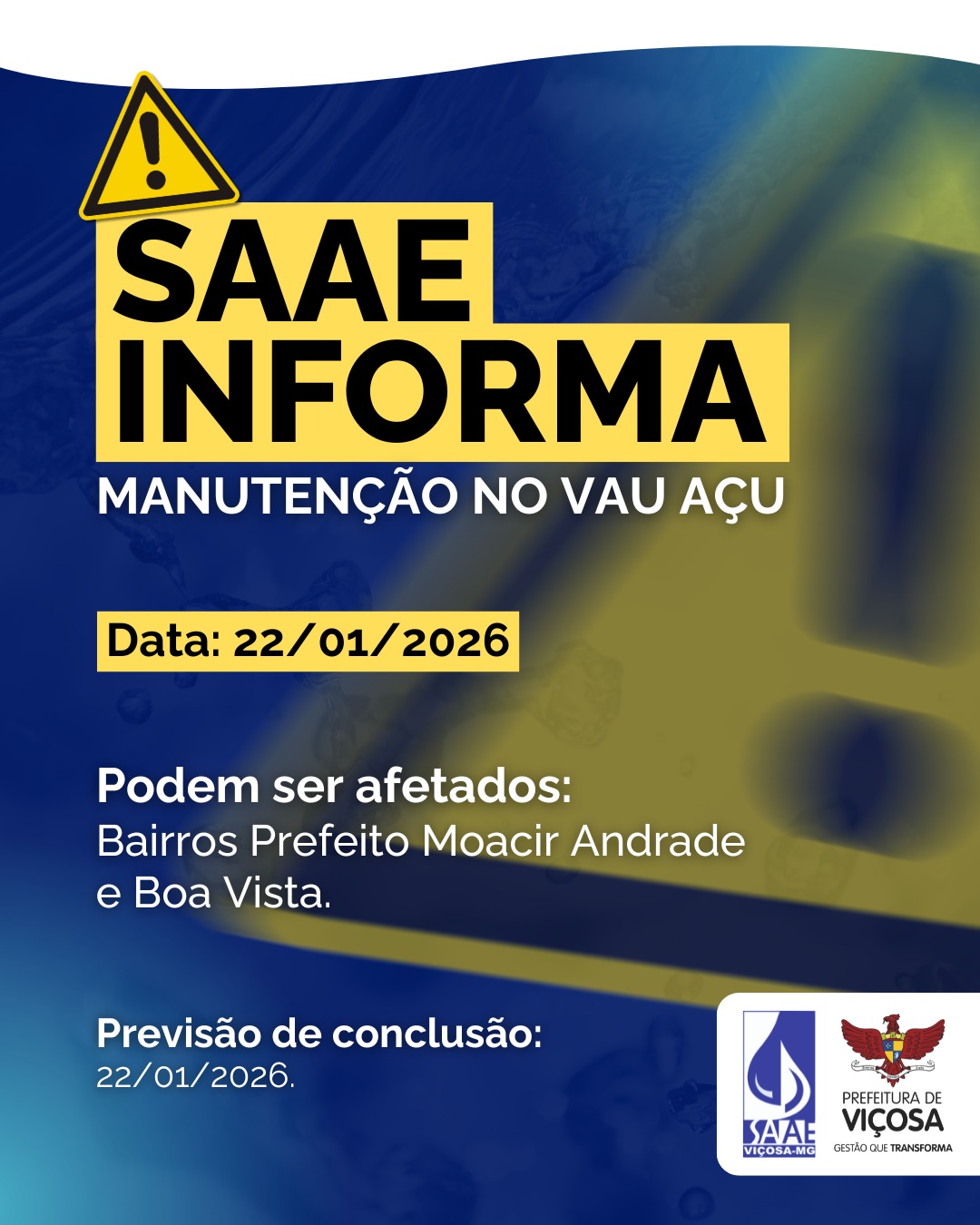 Manutenção em vazamento interrompe abastecimento de água em bairros de Viçosa nesta quinta-feira