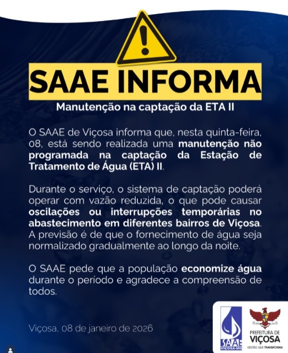 Manutenção não programada na ETA II pode afetar abastecimento de água em bairros de Viçosa