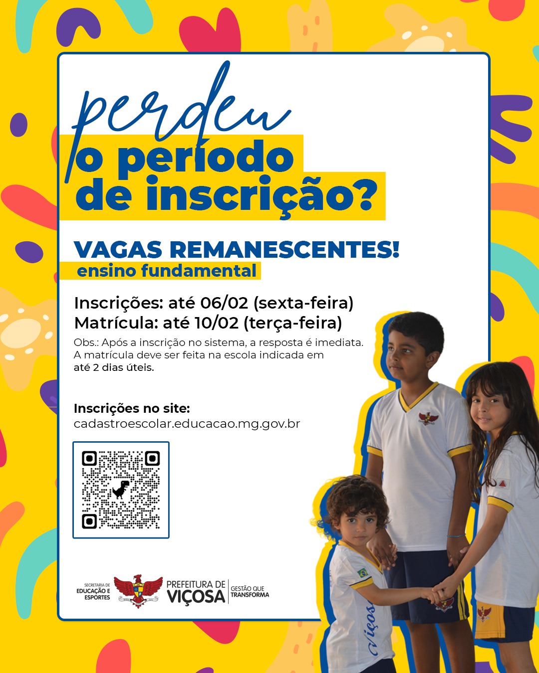 Educação abre inscrições para vagas remanescentes do ensino fundamental em Viçosa