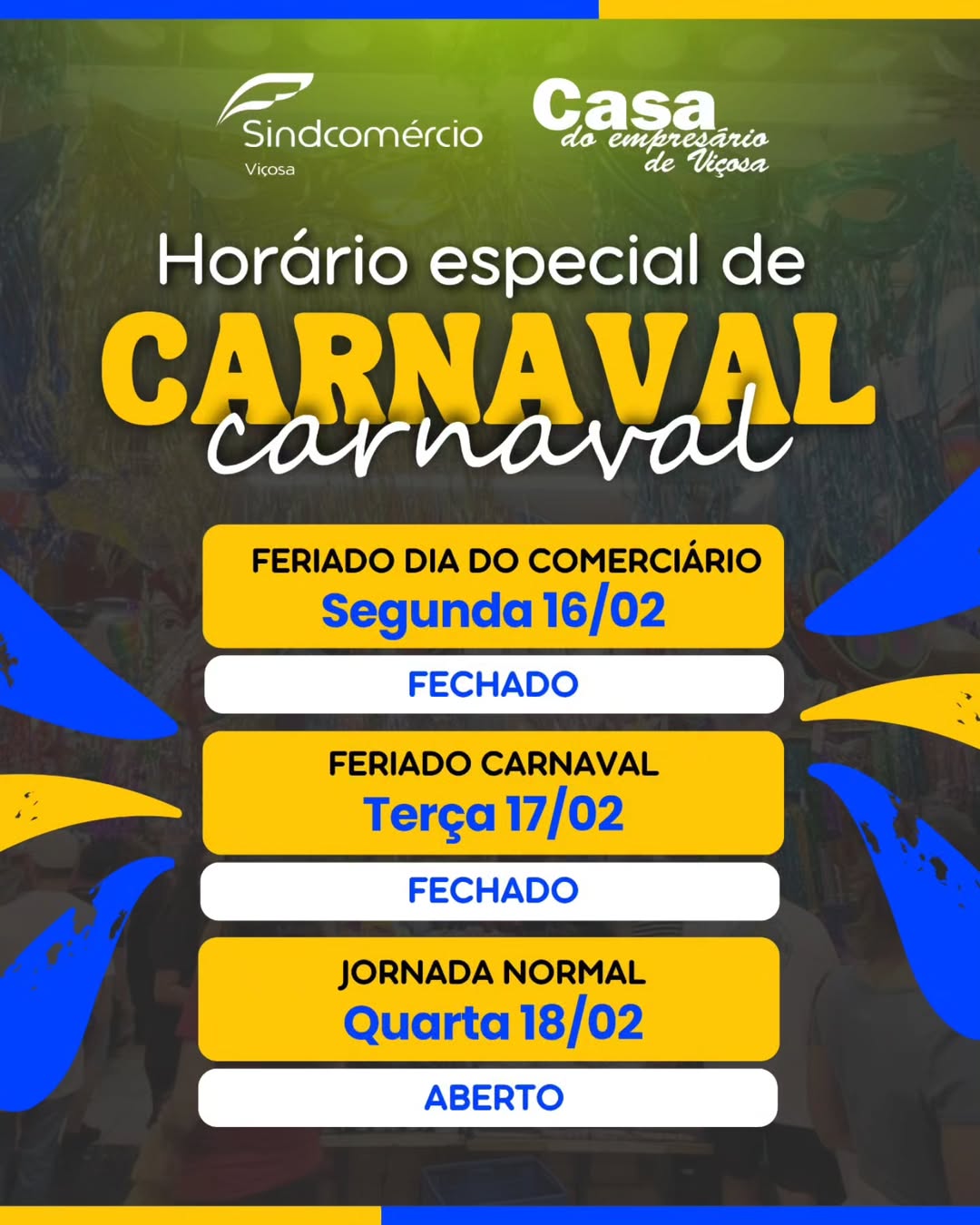 Comércio em Viçosa terá funcionamento alterado durante o Carnaval conforme convenção coletiva