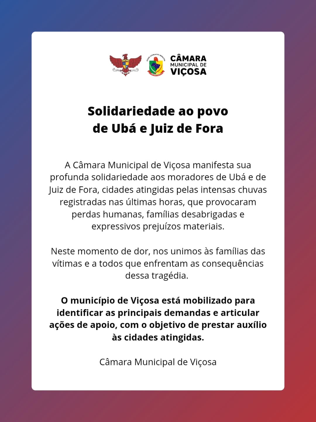 Prefeitura de Viçosa e entidades locais manifestam solidariedade para vítimas das chuvas em Ubá e Juiz de Fora