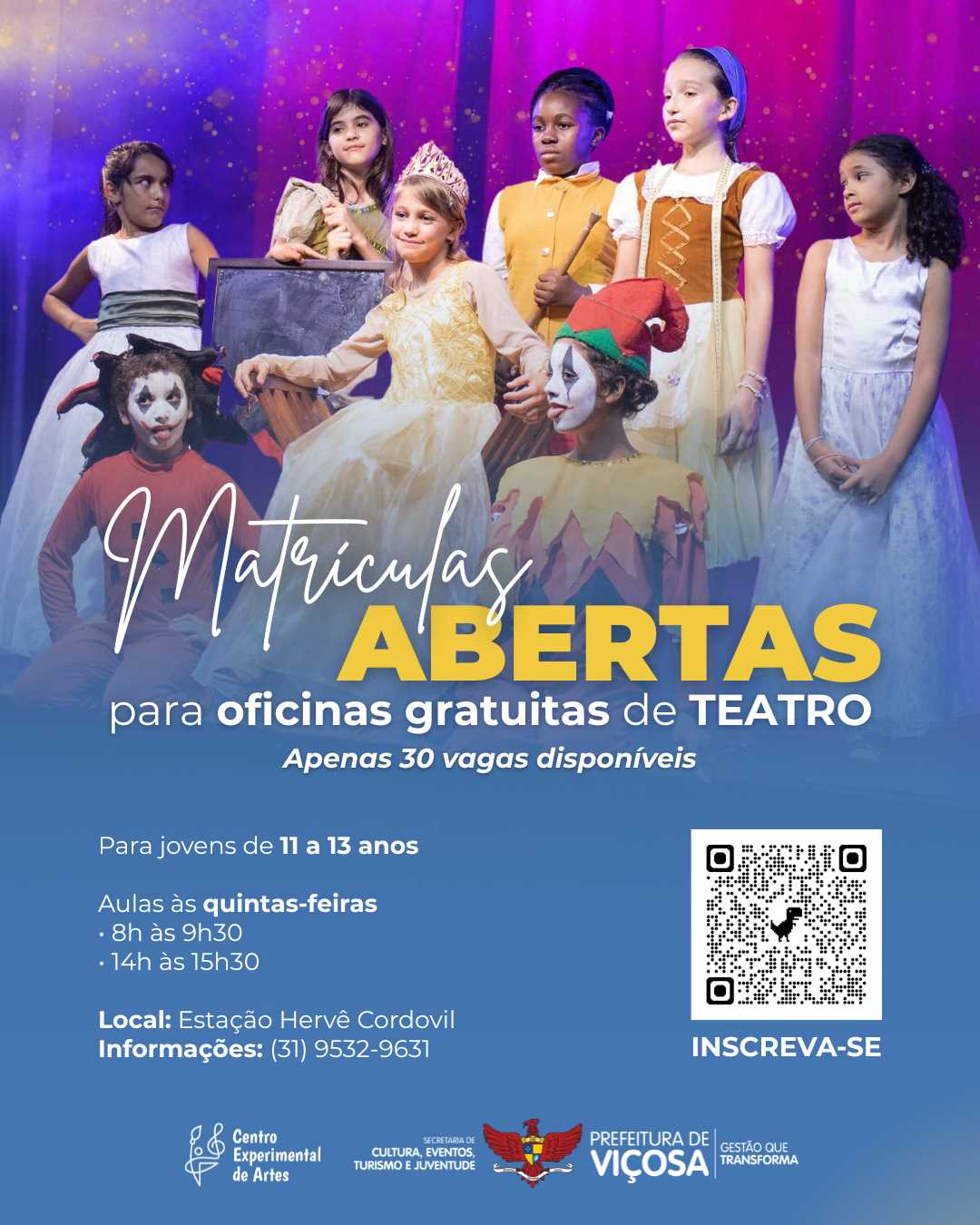 Oficinas gratuitas de teatro abrem inscrições para jovens em Viçosa