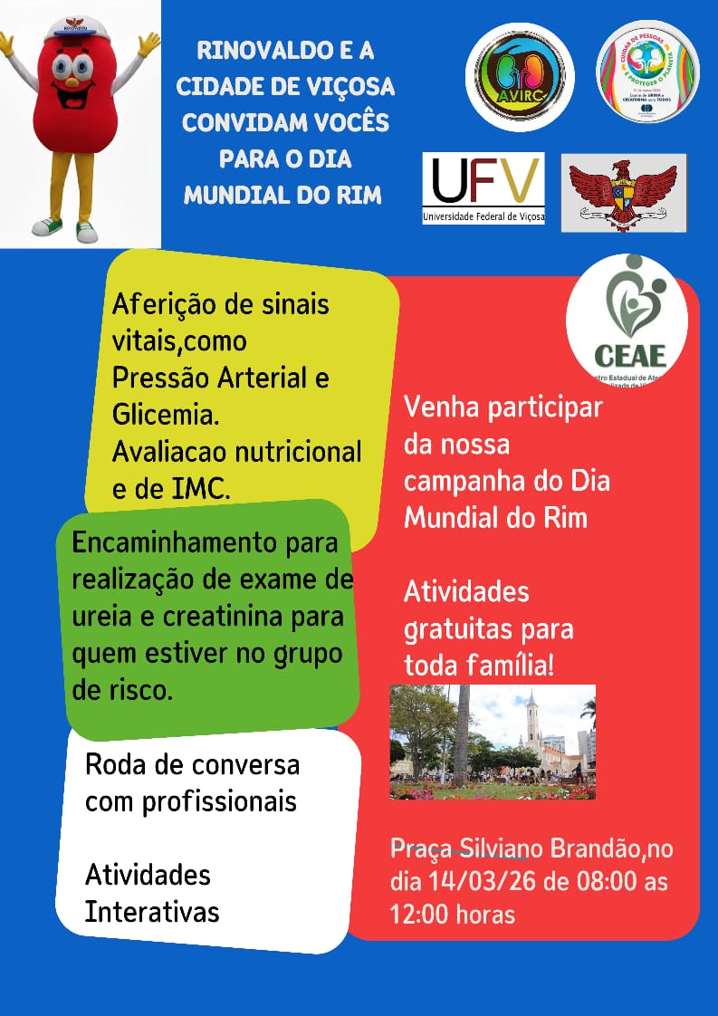 Viçosa recebe atividades abertas ao público no Dia Mundial do Rim na Praça Silviano Brandão