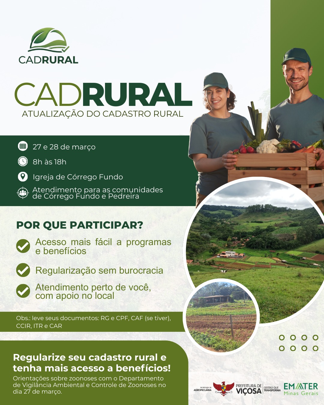 Mutirão Cadrural vai facilitar o acesso de produtores a programas e benefícios em Viçosa