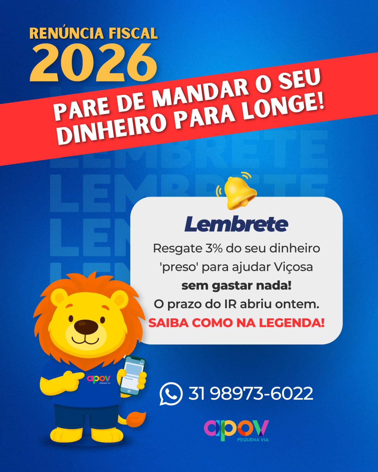 Contribuintes podem destinar 3% do Imposto de Renda para projeto social em Viçosa