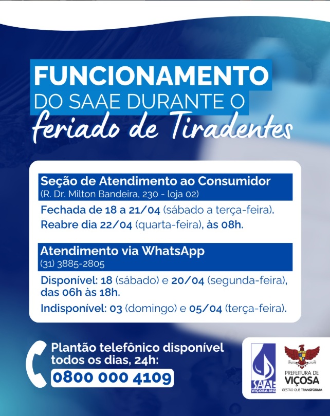 SAAE Viçosa informa horários de atendimento durante o feriado de Tiradentes