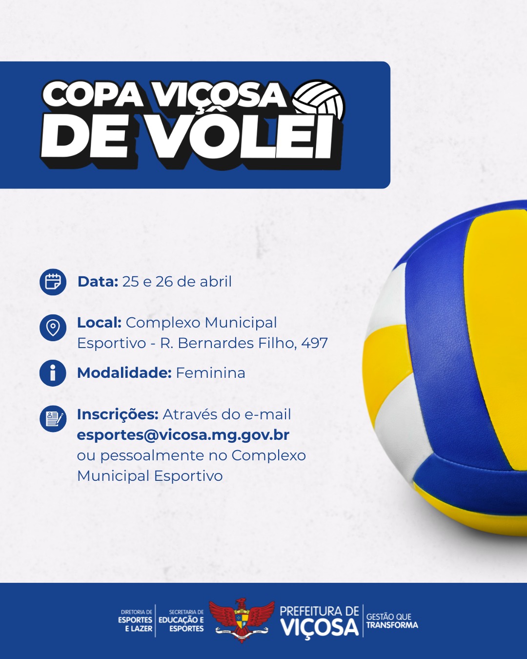 Torneio de Vôlei Feminino será realizado em Viçosa nos dias 25 e 26 de abril