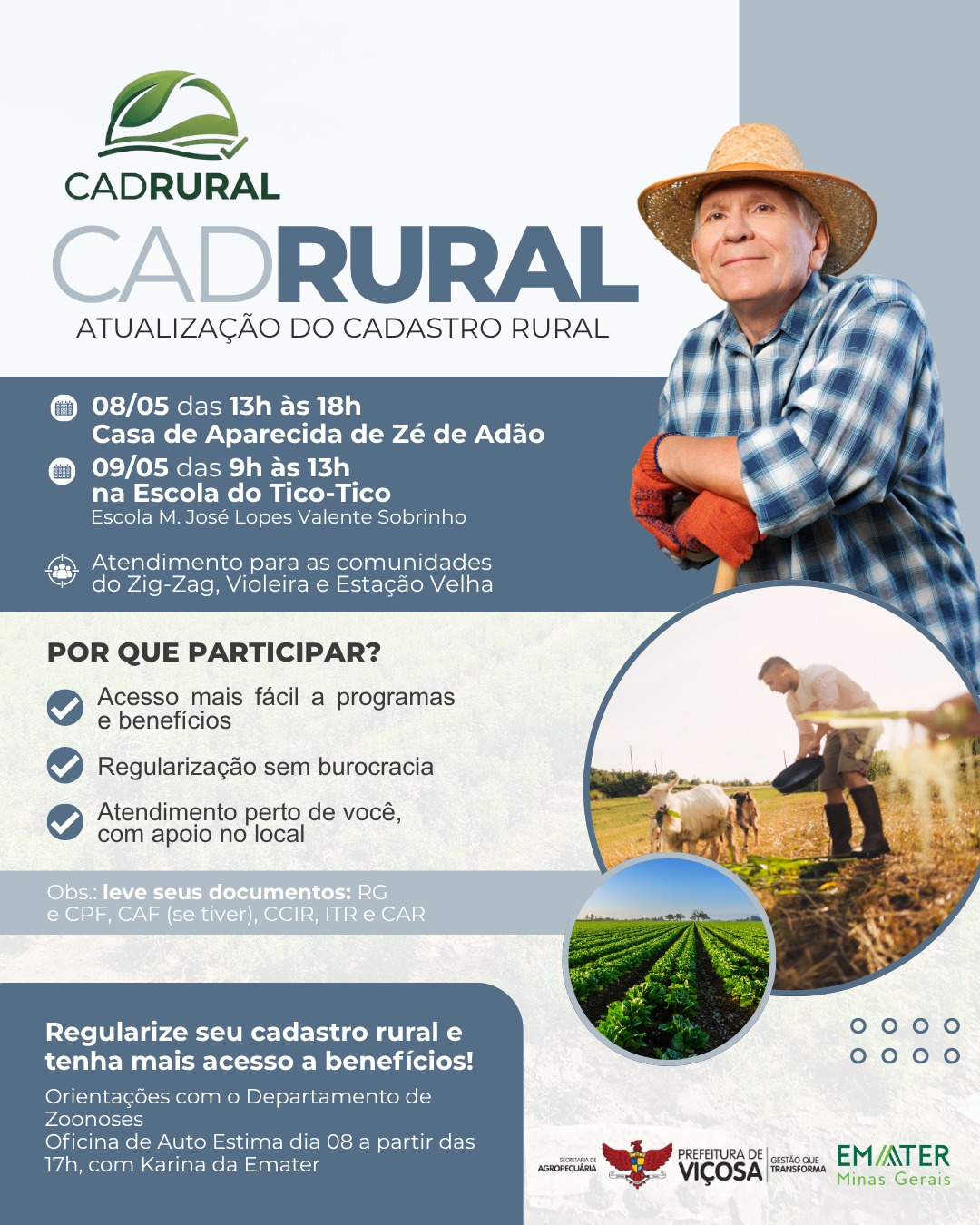 Mutirão Cadrural vai facilitar o acesso de produtores a programas e benefícios em Viçosa