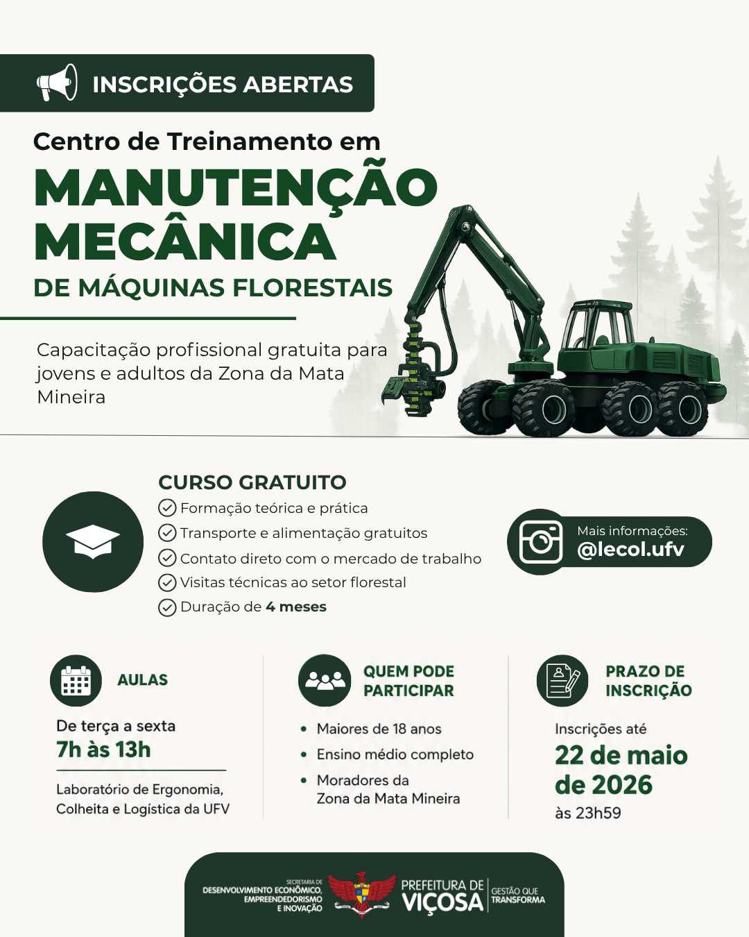 Inscrições abertas para curso gratuito de manutenção de máquinas florestais