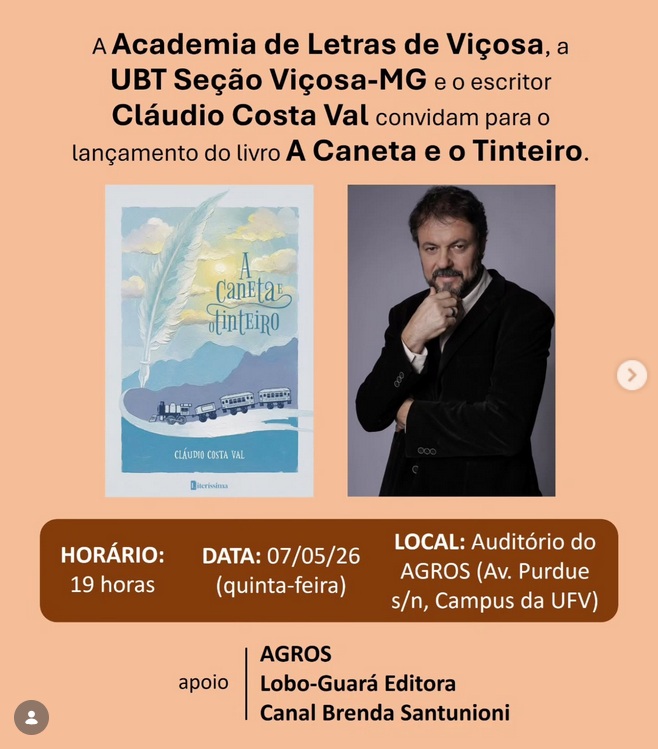 Academia de Letras e UBT lançam novo romance de Cláudio Costa Val nesta quinta (7) em Viçosa